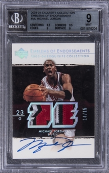 2003-04 UD "Exquisite Collection" Emblems of Endorsement #MJ Michael Jordan Signed Game Used Patch Card (#14/15) – BGS MINT 9/BGS 10